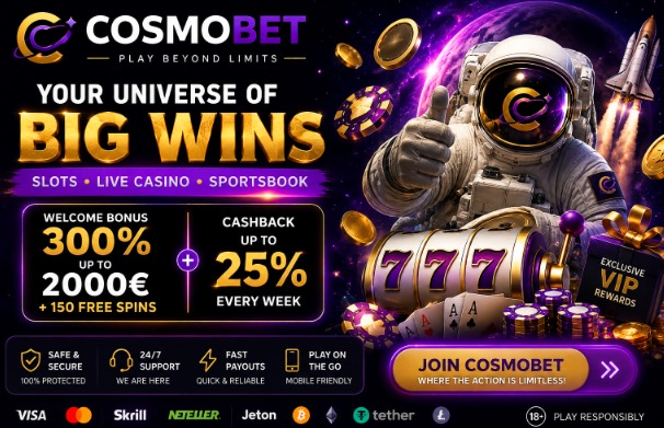 Cosmobet — 300% welcome bonus up to 2,000 EUR plus 150 free spins, weekly cashback and exclusive VIP rewards